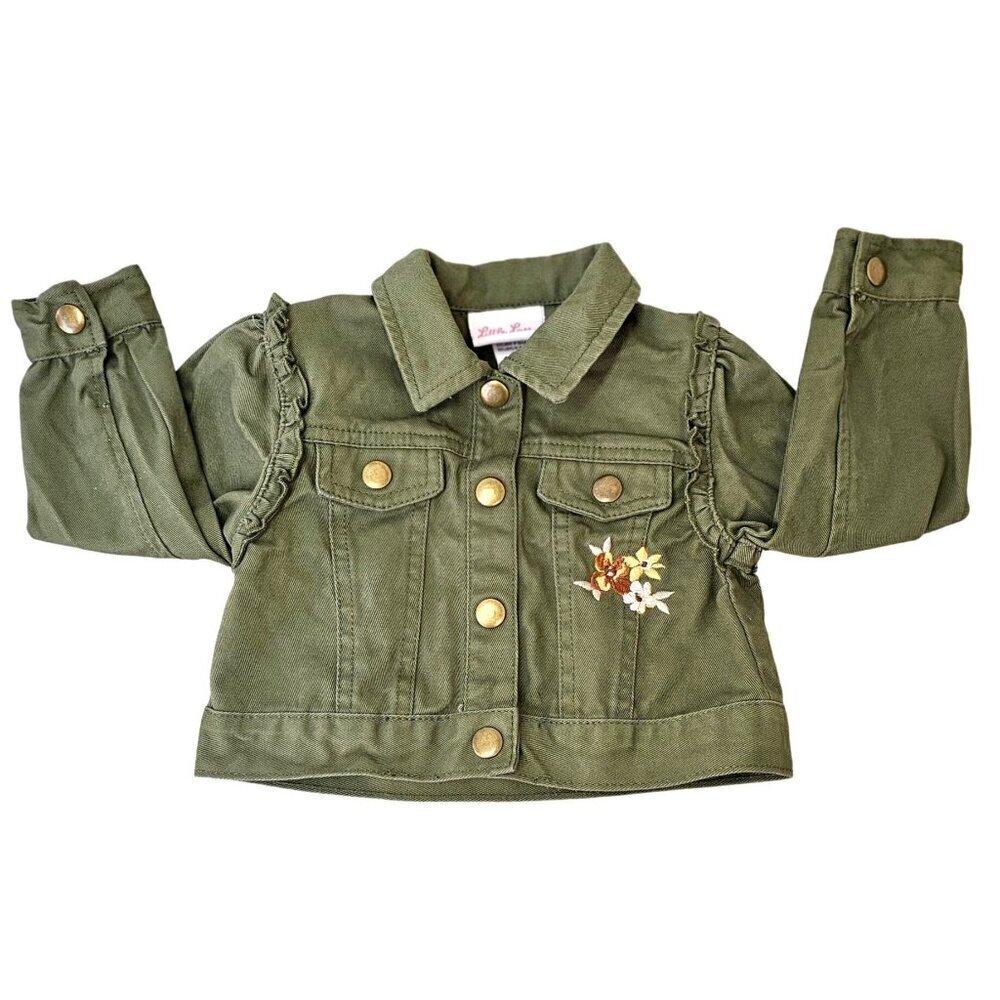 Little Lass Toddler Green Denim Jacket Girls 24Mo Ruffled Long Slv Embroidered
